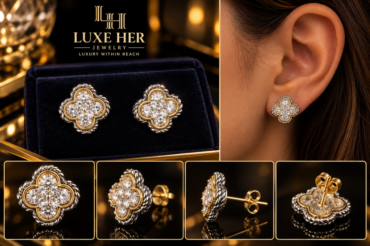 Luxe Clover Rope-Twist CZ Stud Earrings